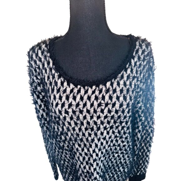 Mixumi Black White Herringbone Cozy Soft Eyelash Checkered Long Sweater Dress - Picture 3 of 11